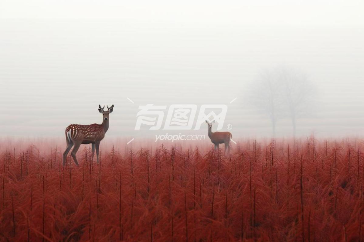 鹿雾红芦苇草地