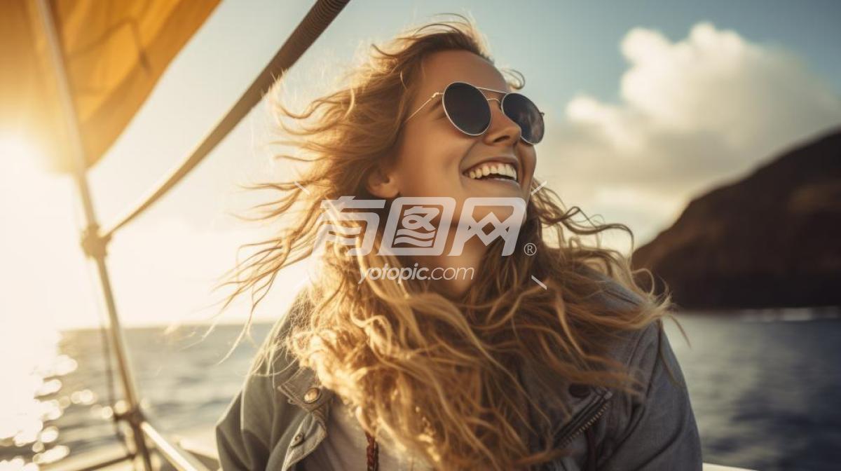 帆船上微笑的女人