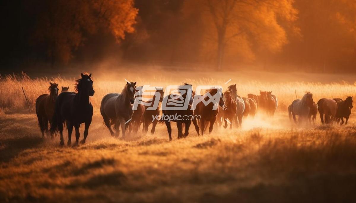 日落中的马群