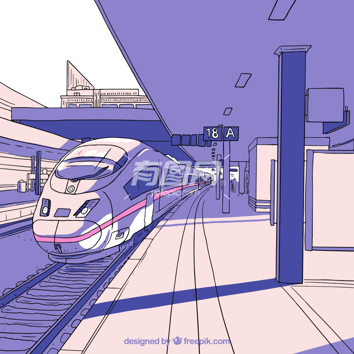 现代火车站的手绘插画