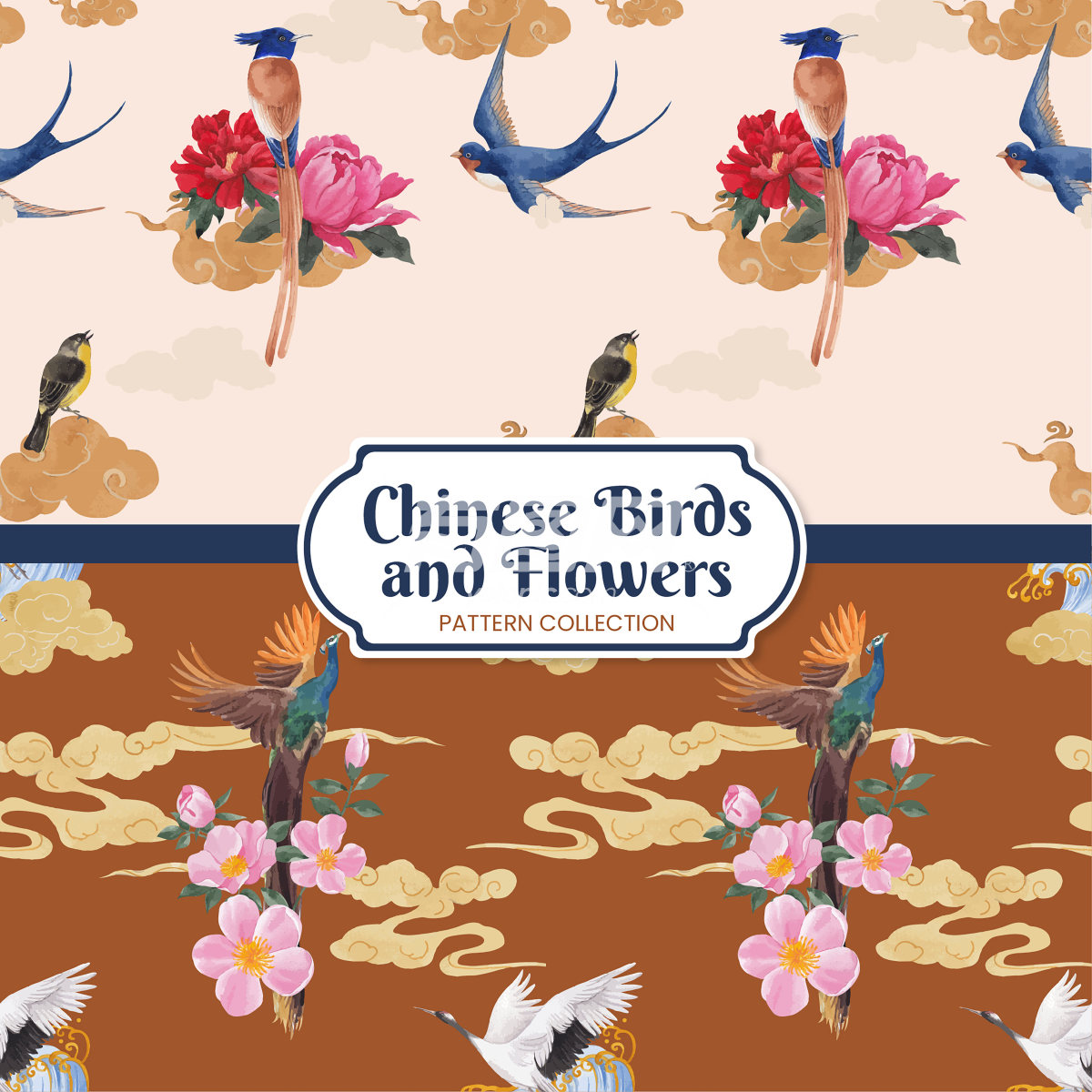 中国风格的鸟类和花卉图案
