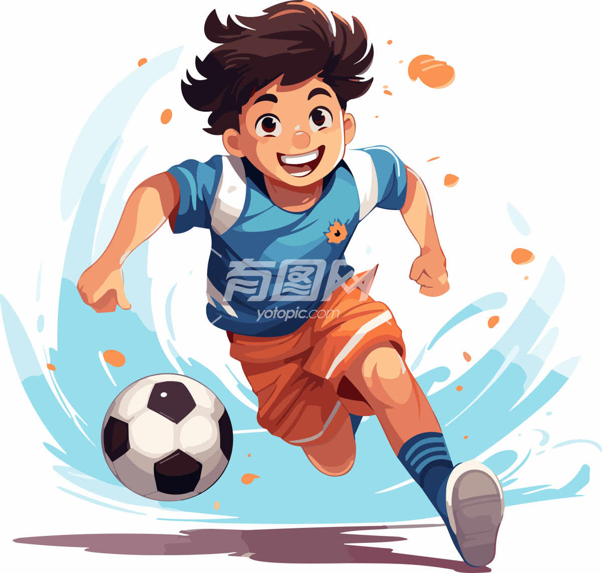 卡通男孩踢足球的插画