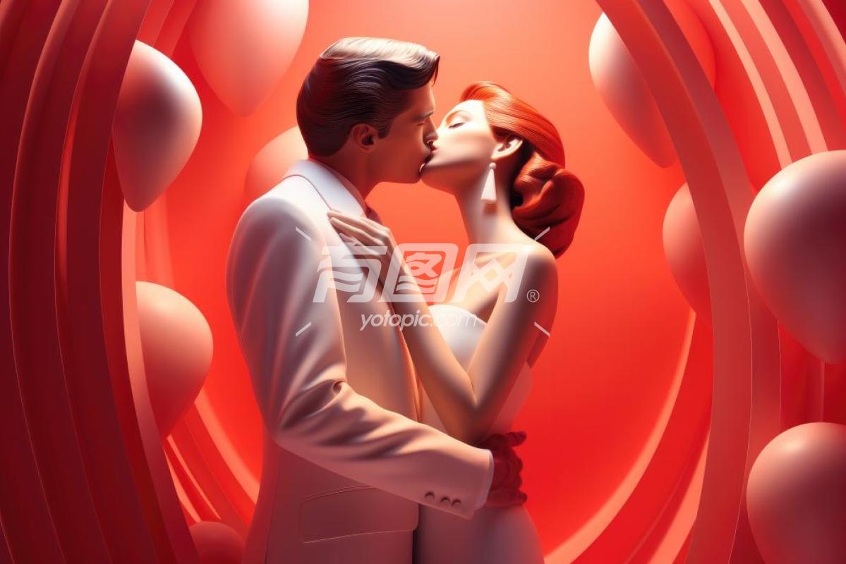 3D渲染的情侣接吻图