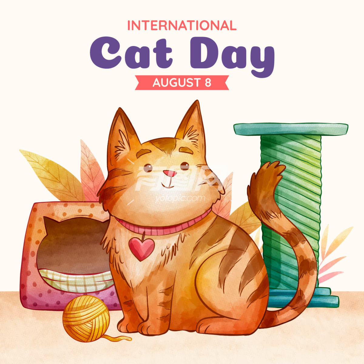 水彩国际猫日插图