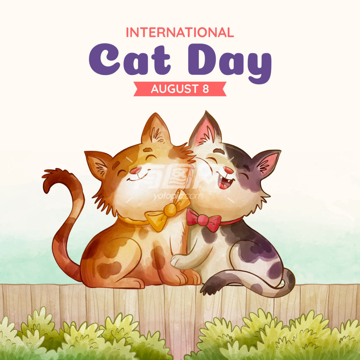水彩国际猫日插图
