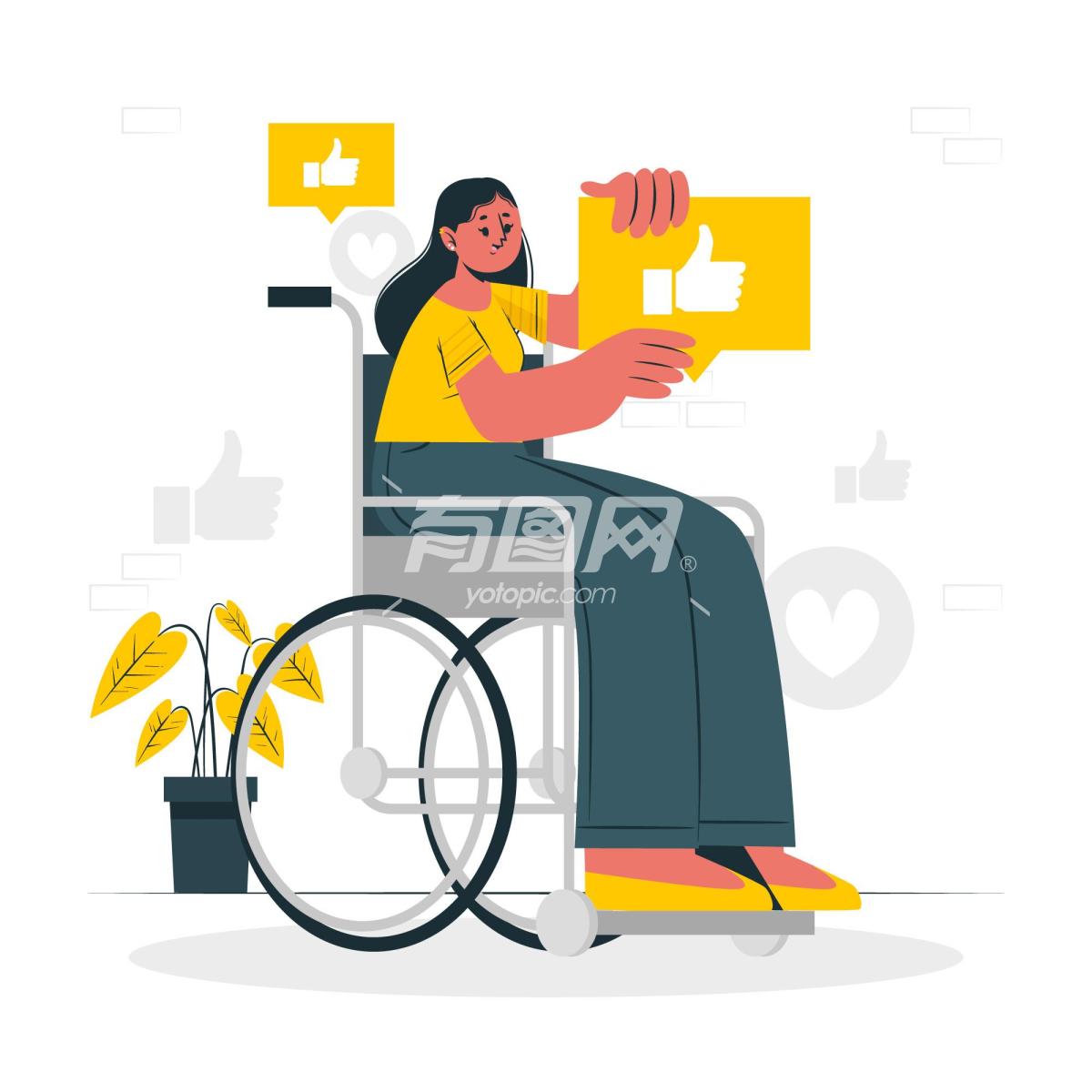 女性坐轮椅点赞插画