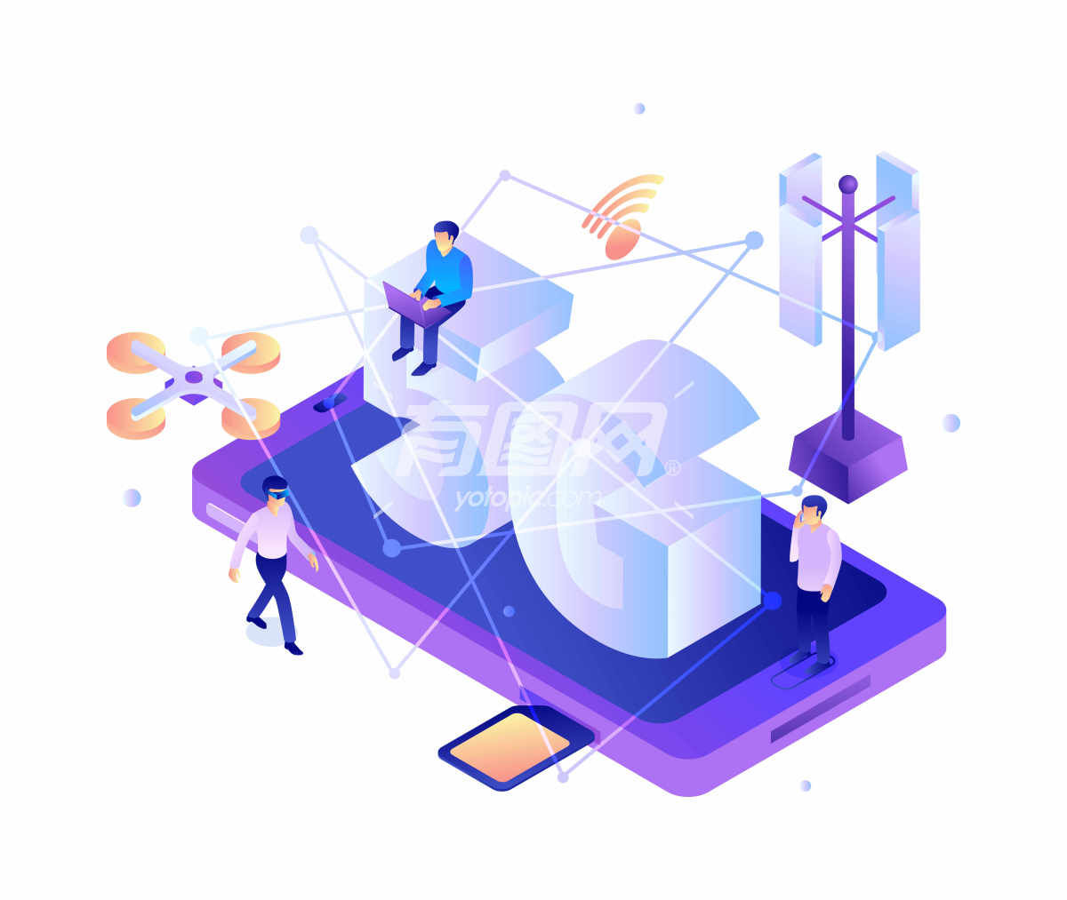 5G网络连接与科技生活插画