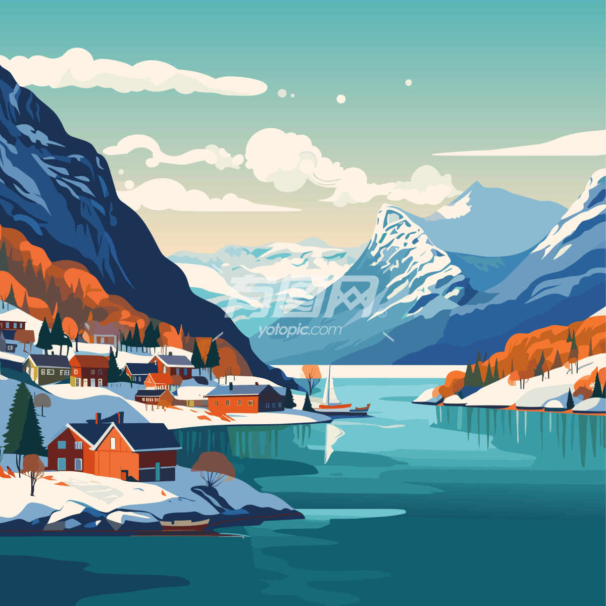 冬季山间湖泊景色的插画