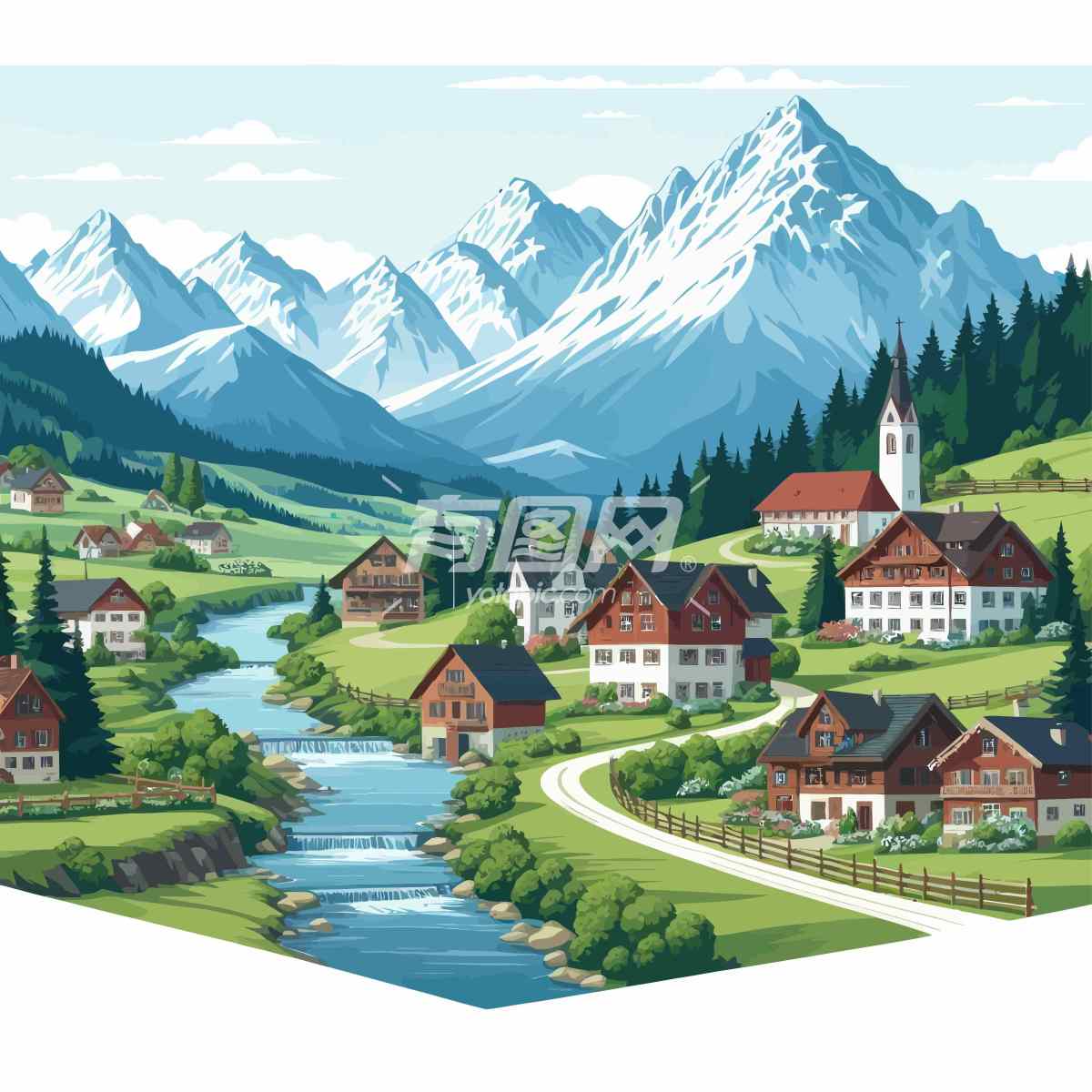 阿尔卑斯山脉风景的插画