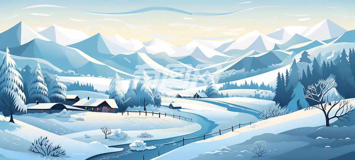 描绘冬季雪景的插画