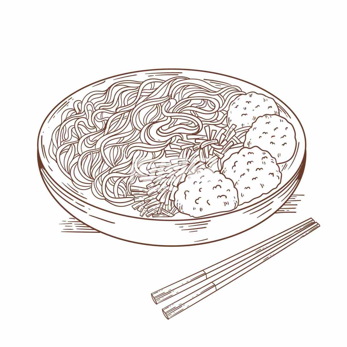 一碗面条和肉丸子手绘插画