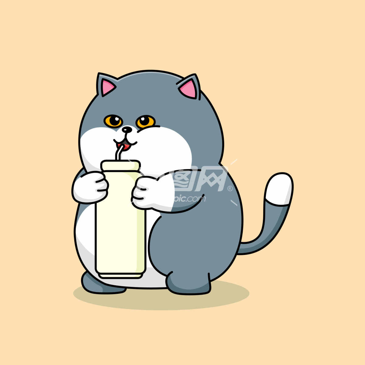 小猫喝牛奶的卡通插画